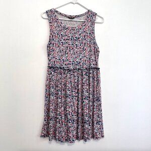 LILY ROSE Navy Blue White Pink Floral Ruffle Sleeveless Mini Fit & Flare Dress M